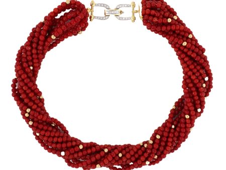 12-Strand Coral Torsade Necklace with Diamond Buckle Clasp Online